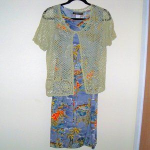 Blue Hawaiian Print Dress And Green Sweater - image 1